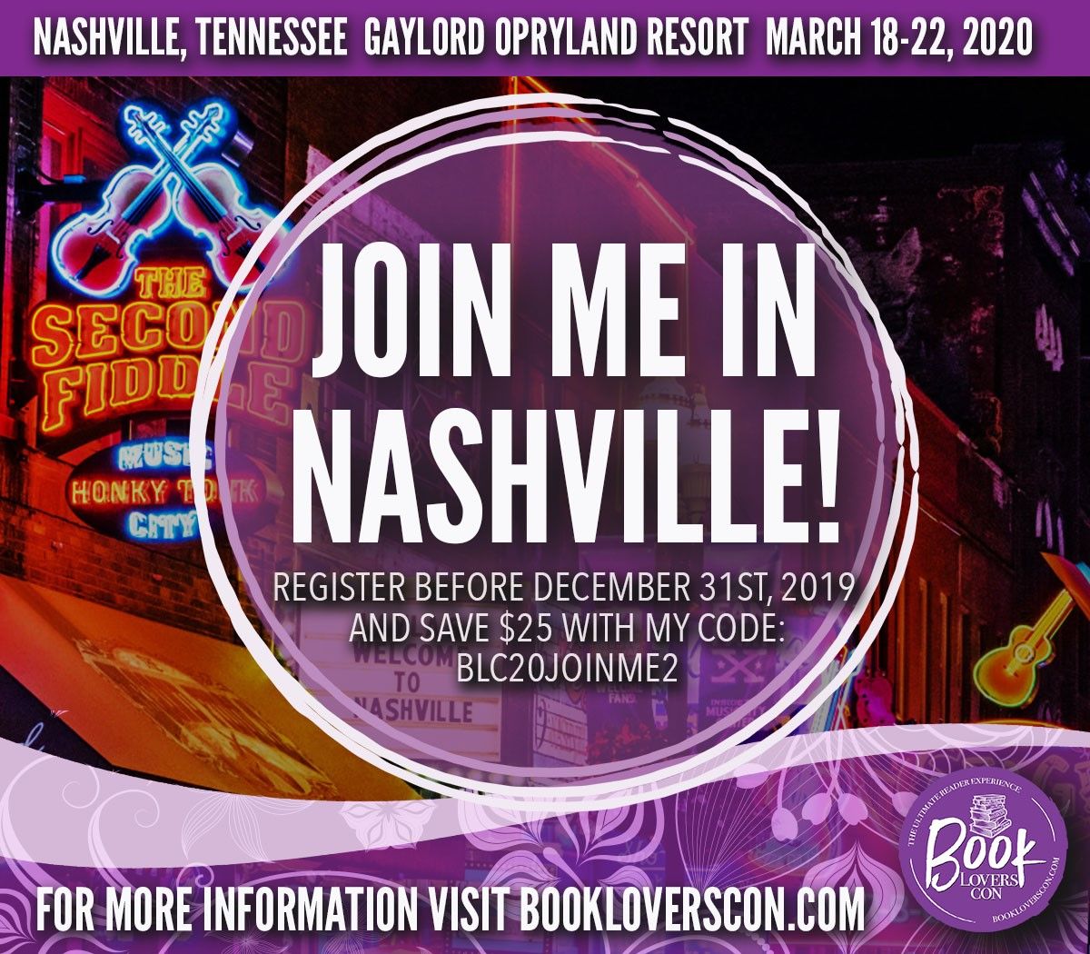 Kathy Lyons (@kathylyonsauth) on Twitter photo Join me in Nashville March 18-22, 2020 for Book Lovers Con and use code BLC20JOINME2 for a $25 discount on the cost of your registration! If you are already registered, contact the BLC team at services@bookloverscon.com to get a free gift when you check-in in Nashville! #BLC20 Join me in Nashville March 18-22, 2020 for Book Lovers Con and use code BLC20JOINME2 for a $25 discount on the cost of your registration! If you are already registered, contact the BLC team at services@bookloverscon.com to get a free gift when you check-in in Nashville! #BLC20