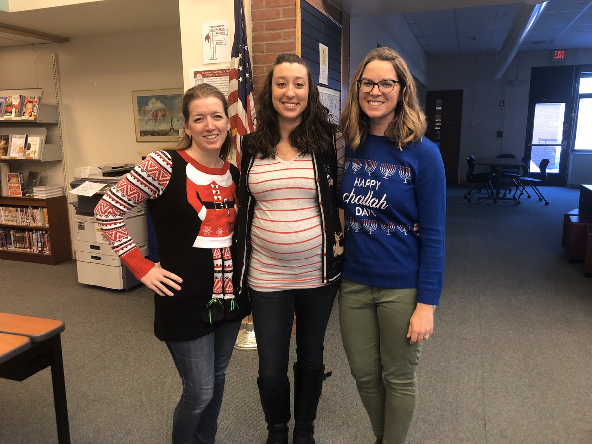 Getting in the spirit with our “ugly” holiday sweaters at FHS today! <a href="/FHSEnglishCT/">FHS English</a> <a href="/fhsliteracy/">Meghan McCabe</a> <a href="/Mrs_Tolles/">Jessica Tolles</a> <a href="/1FarmingtonHS/">FarmingtonHS</a>