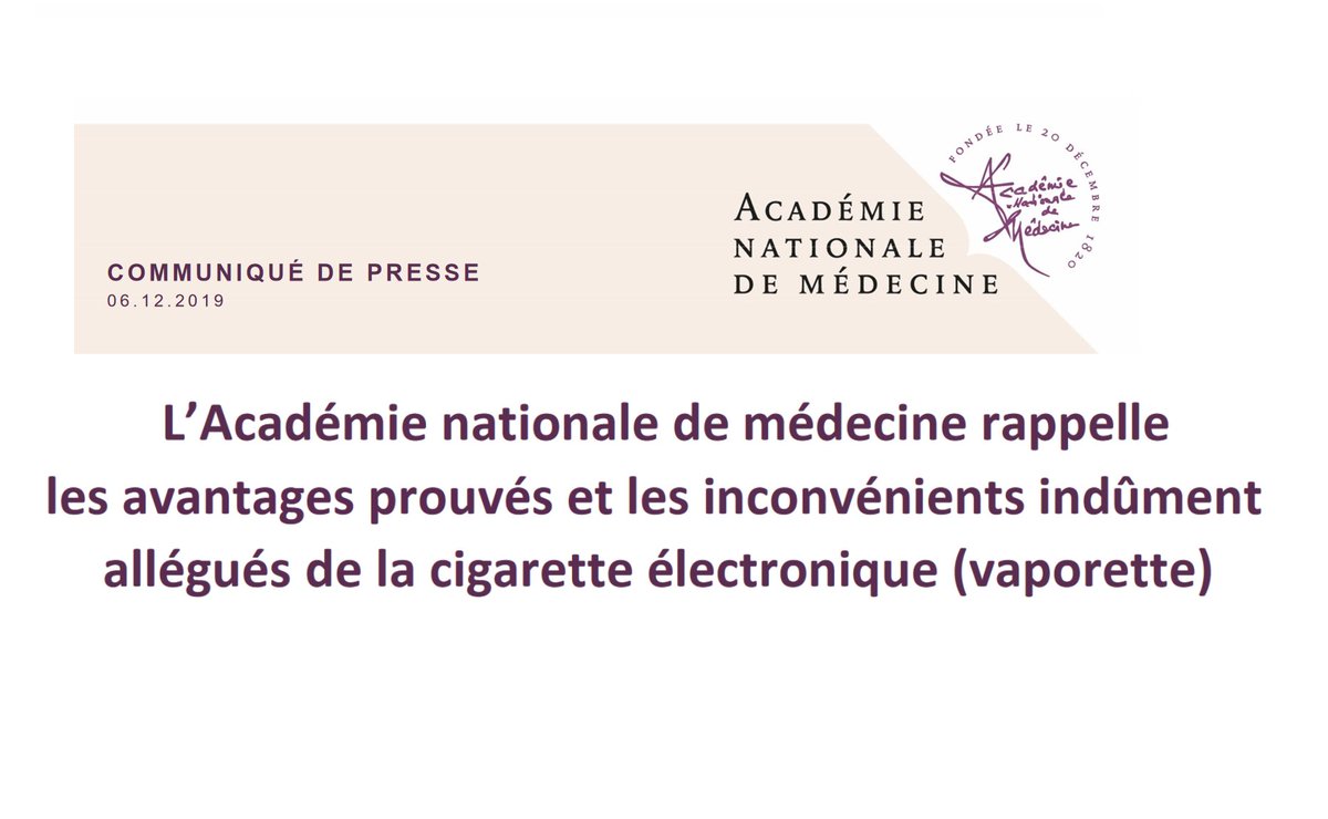 Tenez, les #medias ! 
Voici un communiqué de #presse de l'Académie de Médecine <a href="/acadmed/">Académie de médecine de France</a> qui pourrait vous intéresser, au sujet de #vapotage !
Non mais, comme l'<a href="/afpfr/">Agence France-Presse</a> <a href="/AFP/">AFP News Agency</a> ne vous en dira rien 🤫

C'est là 👉 academie-medecine.fr/wp-content/upl…