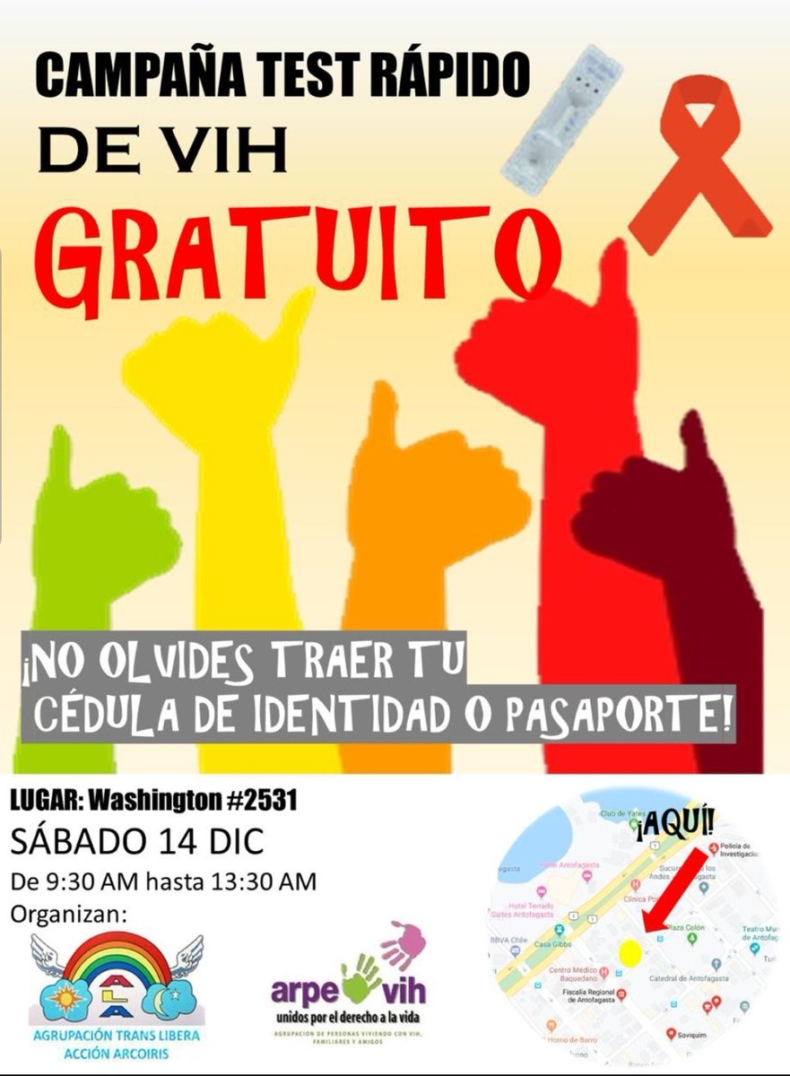 ARPEVIH's tweet photo. Campaña 
Test Rápido de VIH
🎗 gratuito. 
Sábado 14 de diciembre, de 09.30 a 13.30 horas.
Washington 2531, Antofagasta. 
Lleva tu Cédula de Identidad o Pasaporte.
Organizan: @ARPEVIH @TransLibera https://t.co/peXwkB3mZf