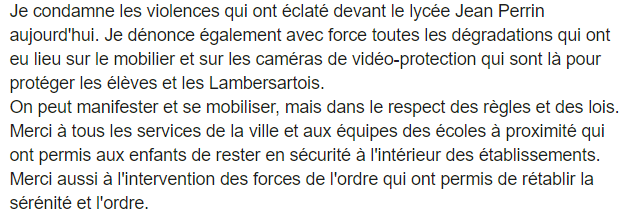 Je condamne les violences qui ont éclaté devant le lycée Jean Perrin à #lambersart