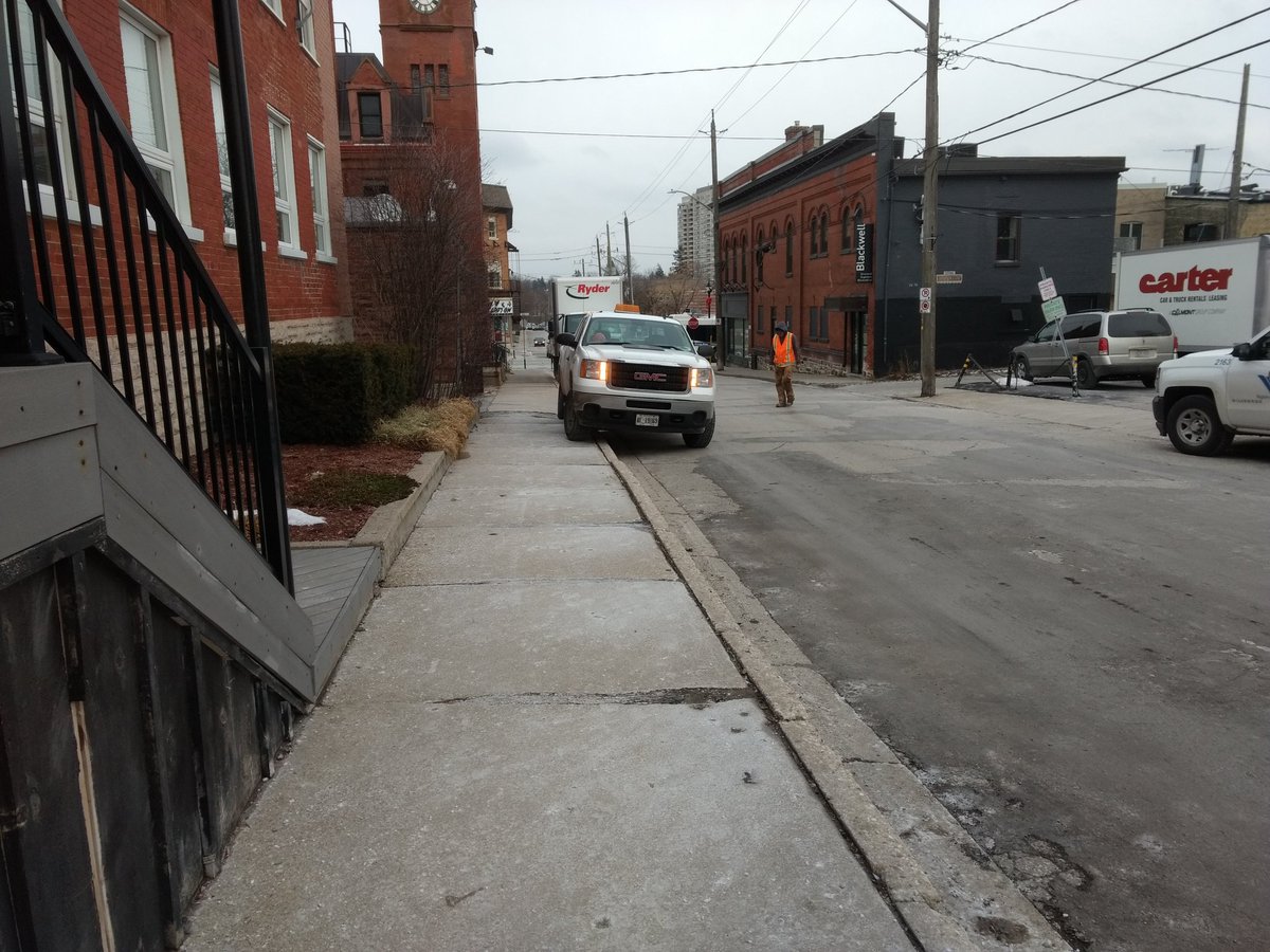 SpurLineKW's tweet photo. And don't think you are getting away without a call-out Mr. Aecon driver who parked on the sidewalk even though he was allowed to park on the street. What is wrong with the men? Why do they hate our cities so much? #walkWR #accessibleWR https://t.co/bK6FKJI5fy