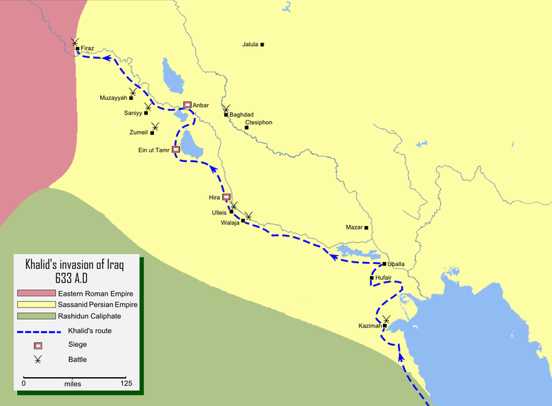 Map detailing the route of the great Muslim general Khalid ibn al-Walid's conquest of Mesopotamia from the Sassanid Empire. Taking what is now Iraq was a decisive defeat for the Sassanids. Their state collapsed and they were unable to organize a proper counter-attack.