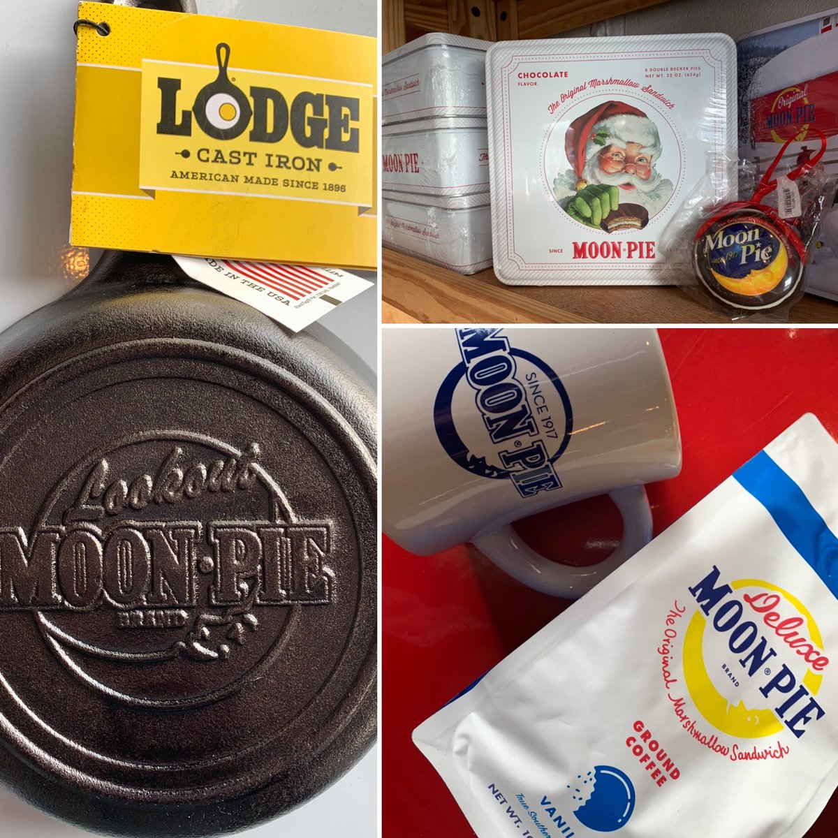charliesnooga's tweet photo. The ONLY Christmas present better than a Charlie’s Gift Card?? MOONPIE! Aren’t those @lodgecastiron skillets the CUTEST? #charlieschattanooga #chattanooga #moonpie https://t.co/HBF7B13OJx