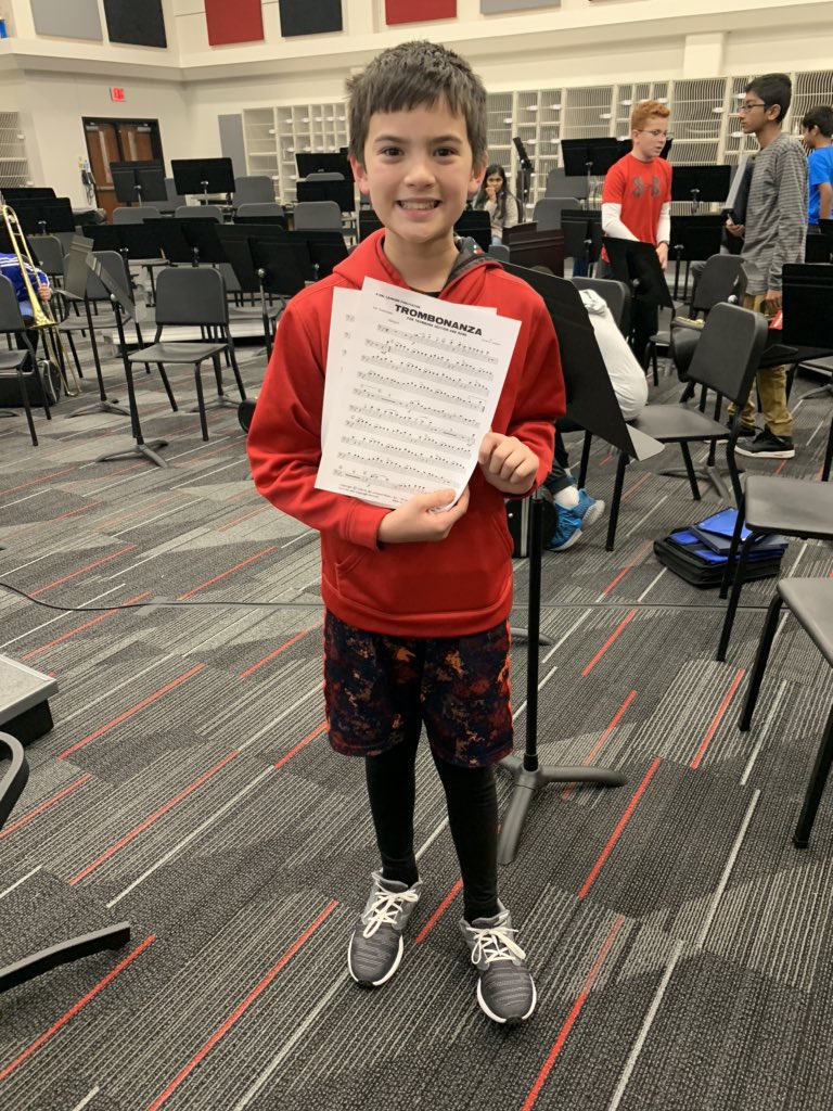 CoppellB's tweet photo. Picture of the day goes to 6th grade beginner trombone Zach Brooks!! After listening to the CHS9 trombone section at their concert he requested a copy of their music to practice! How awesome!! #futurechs9fam #CMSE #beginnerband #coppellband #CHS9family https://t.co/owQcdLF6d8