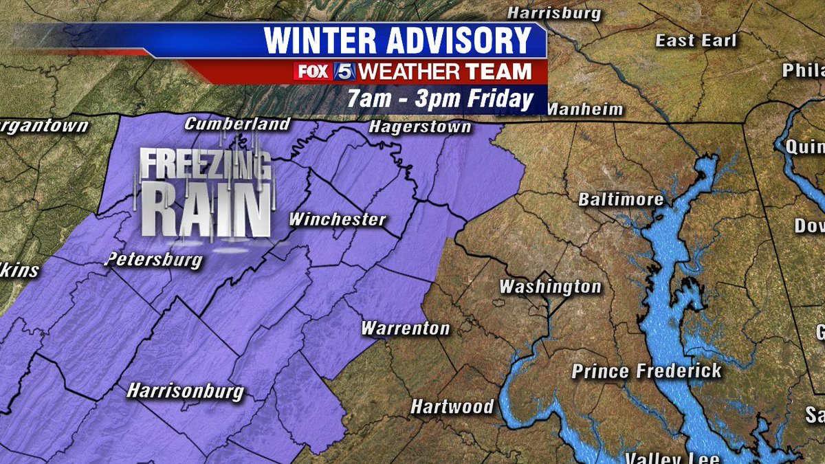 suepalkafox5dc's tweet photo. Friday morning may be tricky due to the possibility of freezing rain in these areas.  It is also possible that this could be expanded so we will keep you ahead of this! Download our free #Fox5WeatherApp to get alerts on changing conditions! https://t.co/IW43CbCvlx