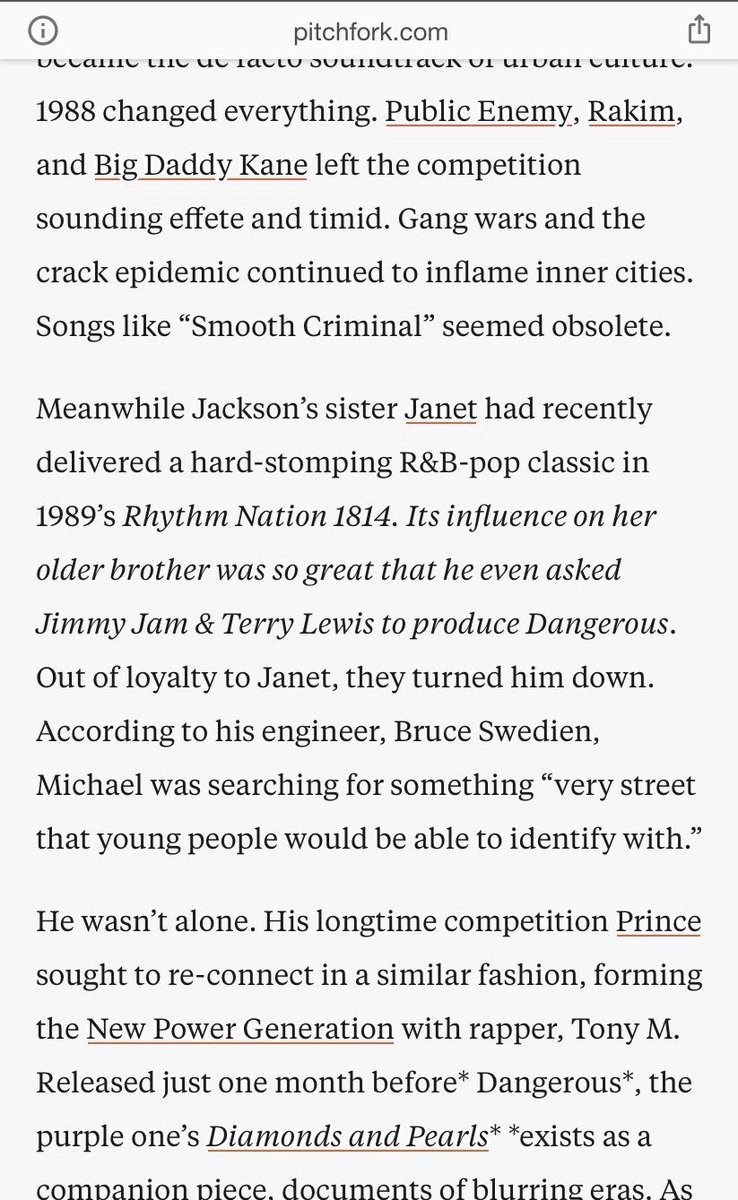 Pitchfork article mentionning how Rhythm Nation 1814 inspired MJ for Dangerous