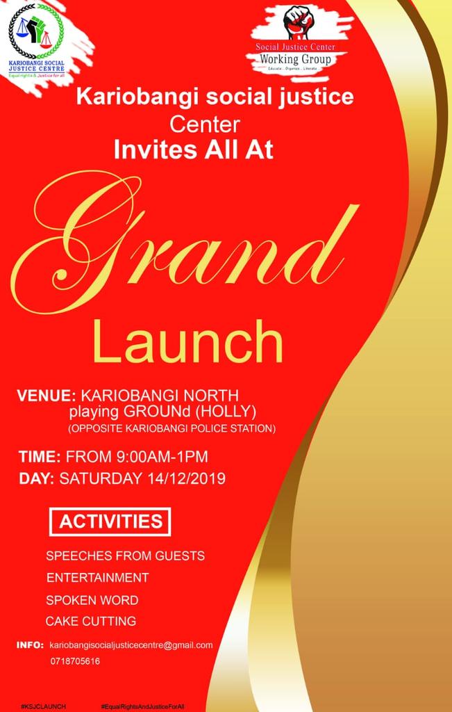 #KariobangiJusticeLaunch going down on 14/12/2019 <a href="/KariobangiSJC/">Kariobangi Social Justice Centre</a>
#EqualRightsAndJusticeForAll
<a href="/FaithKasina/">Faith Kasina</a>
<a href="/habibomar201/">#TekelezaKatiba</a>
@uhaiwetu
<a href="/happyolal/">Happy Olal</a>
@OHRCKENYA
@Wmutunga
<a href="/WinnyObure/">Winny Obure</a>
@StephenStephano
<a href="/JumaSchola/">schola juma</a> 
<a href="/chalsmaina/">Charles Maina</a>
<a href="/stellah_kaviti/">Kaviti Stellah🇰🇪</a> 
<a href="/RedVestsProtest/">The Red Vests Movement</a> <a href="/robi_chacha/">Mtu ya Human Rights</a> <a href="/_tchak/">t.</a>
