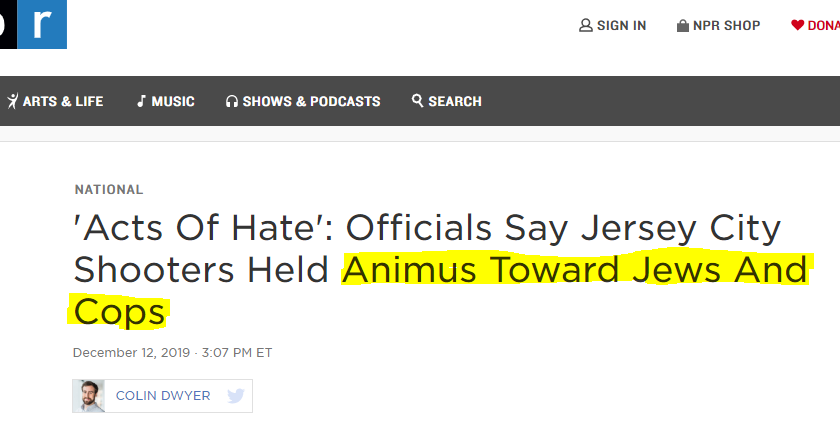 npr_watch's tweet photo. no... antisemitism and "animus toward cops" do not belong in the same category https://t.co/G9AMOz5jES