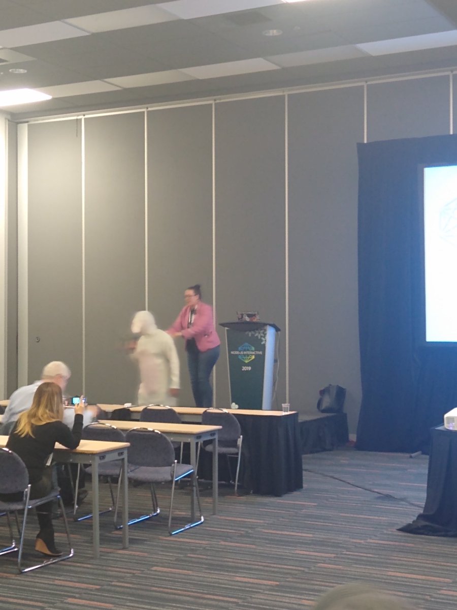 NodeSource's tweet image. Now at #NodeJSInteractive The First 200 Days of the @openjsf  with @jorydotcom and @joe_sepi (dressing as a bunny 🐰)