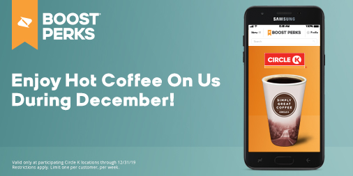 boostmobile's tweet image. Need a little pick-me-up? ☕ Throughout Dec. #BoostMobile customers get a FREE hot coffee or other hot beverage each week at participating @CircleKStores. Restr. apply. Download the #BoostPerks App to redeem this offer. boost.co/2PzeIhc