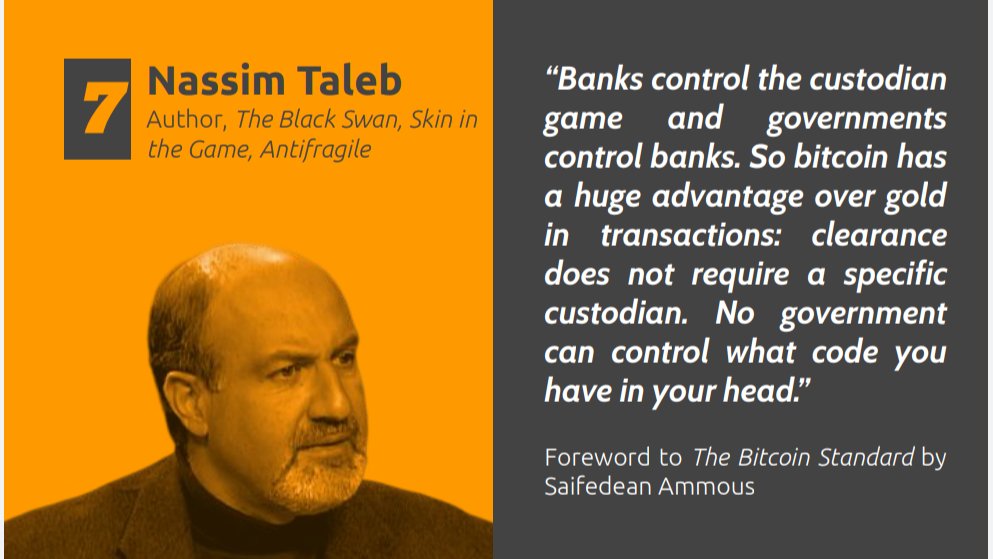 7/ Statistician, former options trader, essayist and author. Taleb's books are recommended by some of the greatest rationalists of our era. His essay on bitcoin, which features as the forward to  @saifedean 's The Bitcoin Standard, is here-  https://bit.ly/2PHVlCz 