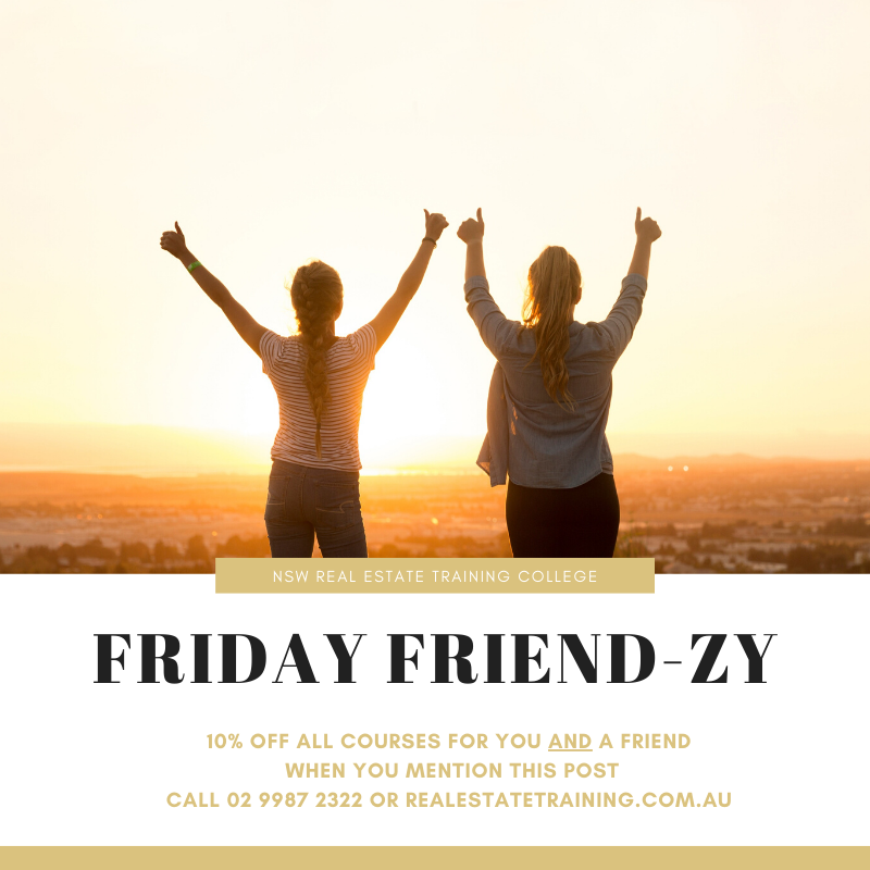 Why not top off the end of your year by enrolling yourself and a mate in one of our real estate courses for 10% off? Contact us and mention this post to receive your discounted course! 02 9987 2322 | fridayfriendzy@realestatetraining.com.au 😎👯
