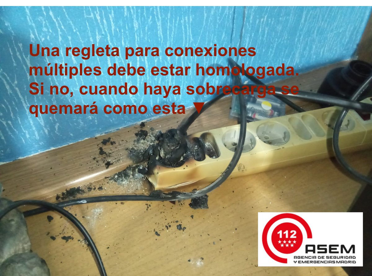 Conectar varios aparatos en un mismo enchufe es una mala, malísima práctica.

Muchos incendios domésticos se originan por esta causa.
#prevención #0Incendios 

#Madrid112
#ASEM112