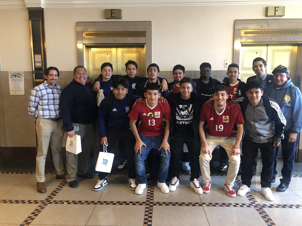 NortheastNewsKC's tweet photo. Guadalupe Center Charter School Aztecs are here to celebrate their state championship win with @QuintonLucasKC! Congratulations! @AztecVoice @GCI1919 https://t.co/apUlOSZdJO