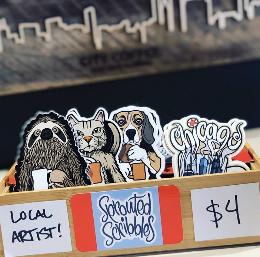 In case you haven’t stopped by recently, we’re super excited to be selling these AMAZING stickers by a local artist! He drew the coffee cat and the Chicago mug in our shop! Give him a follow on IG (sproutedscribbleschicago) to see more of his work. 🖤 #shoplocal
