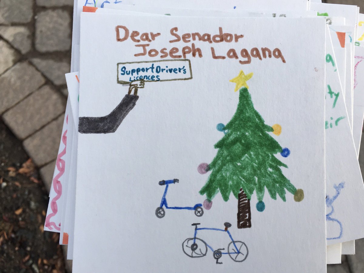 MaketheRoadNJ's tweet photo. Here are some of the dozens of Christmas cards our members and their families prepared for @JoeLaganaNJ asking for his support of #DriversLicenseNOW https://t.co/GFh9CbB57k