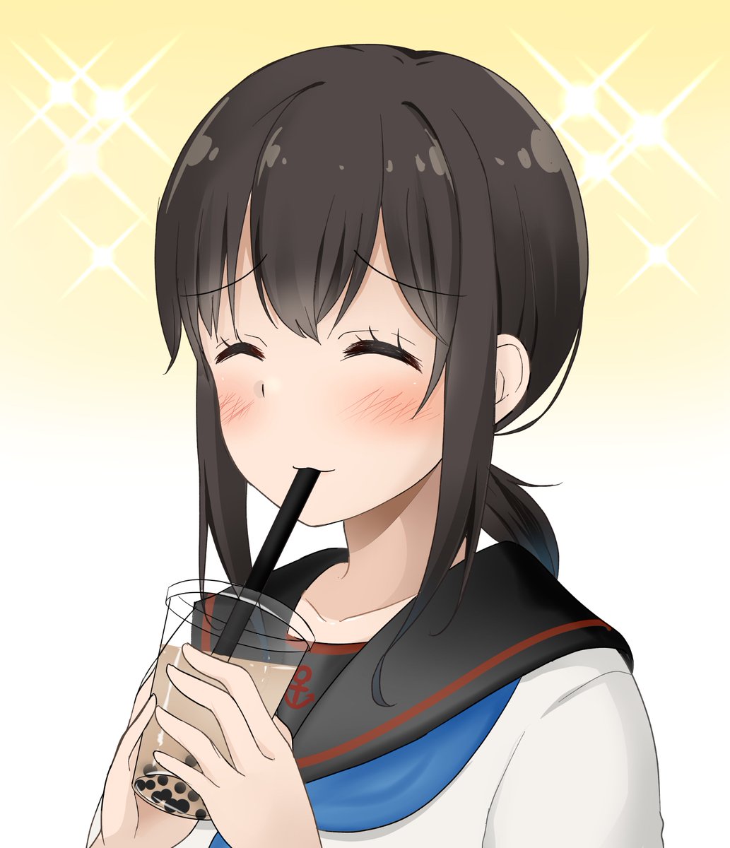 fubuki (kancolle) ,fubuki kai ni (kancolle) 1girl bubble tea solo black sailor collar low ponytail black hair school uniform  illustration images