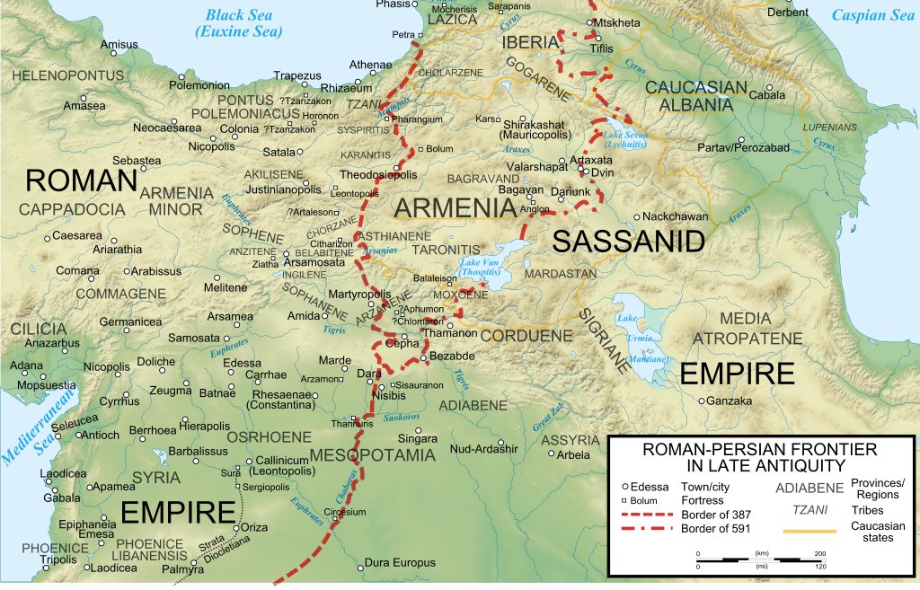 Map of the Roman-Sasanian frontier during Late Antiquity, including the 591 border that was established between the two empires after Khosrow II's victory over Bahram.