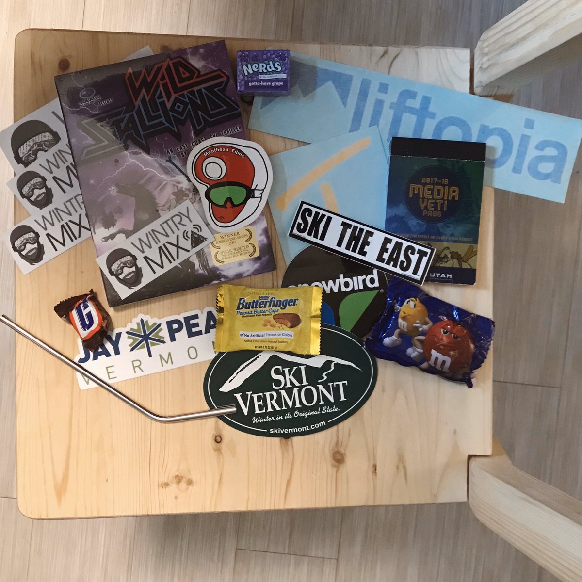 Random mix of randomness from @WintryMixCast 😆 🎉 Oops. Not pictured: @Liftopia chap stick.