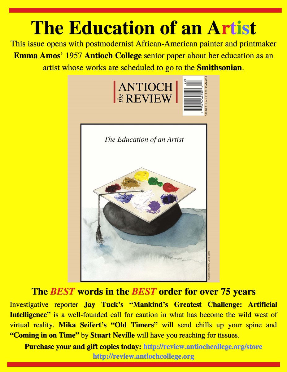Read about postmodernist African-American painter/printmaker Emma Amos; works are scheduled to go to the Smithsonian. Jay Tuck’s “Mankind’s Greatest Challenge: Artificial Intelligence” is a well-founded call for caution in the wild west of virtual reality review.antiochcollege.org/summer-2019