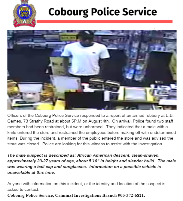 CobourgPolice's tweet photo. Recognize this person? If you do, or have any information regarding the robbery at EB Games on August 4th, please contact either @CobourgPolice at 905-372-6821 or Crime Stoppers anonymously at 1-800-222-8477. #HelpSolveACrime #CobourgPolice #Cobourg https://t.co/s1wc2HInTB