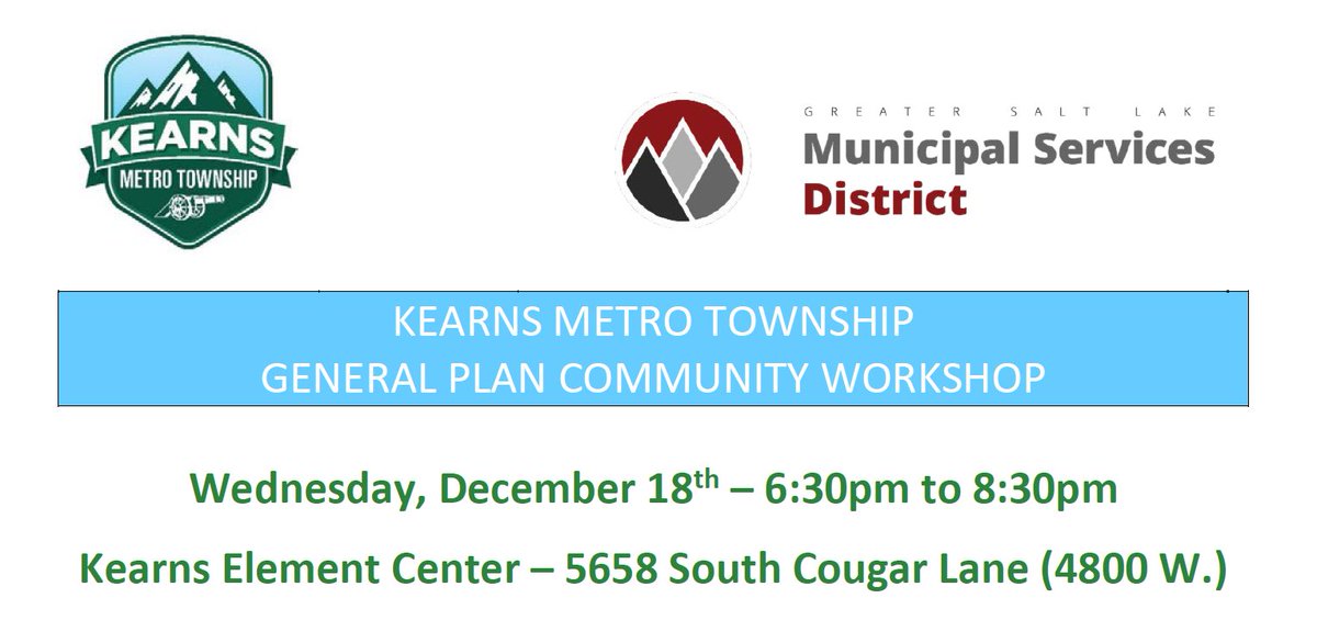 KKSaturday's tweet photo. Hey Kearns, Utah! Help plan for the future of your Metro Township - attend a General Plan workshop next Weds 12/18 from 6:30-8:30pm at the Kearns Element Center. Come share your ideas - snacks provided! @KearnsHS @Kearns_UT https://t.co/Xv7rz56gHE