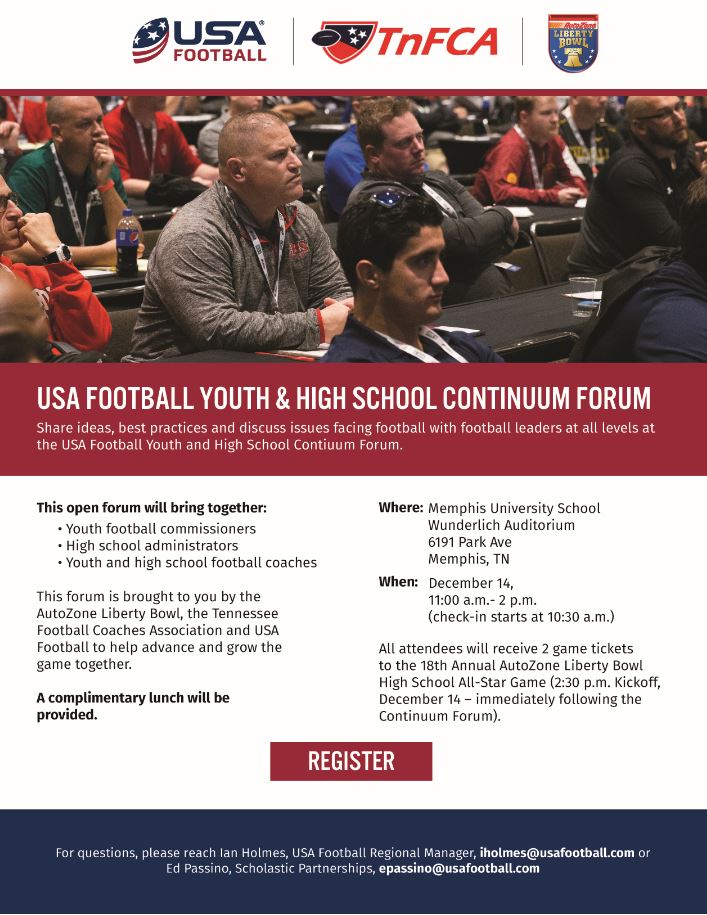 We are proud to partner with <a href="/USAFootball/">USA Football</a> and <a href="/TFCAFootball/">TnFCA</a> to host a youth and high school continuum forum this Saturday, Dec. 14th! To register click here: bit.ly/353vlIA