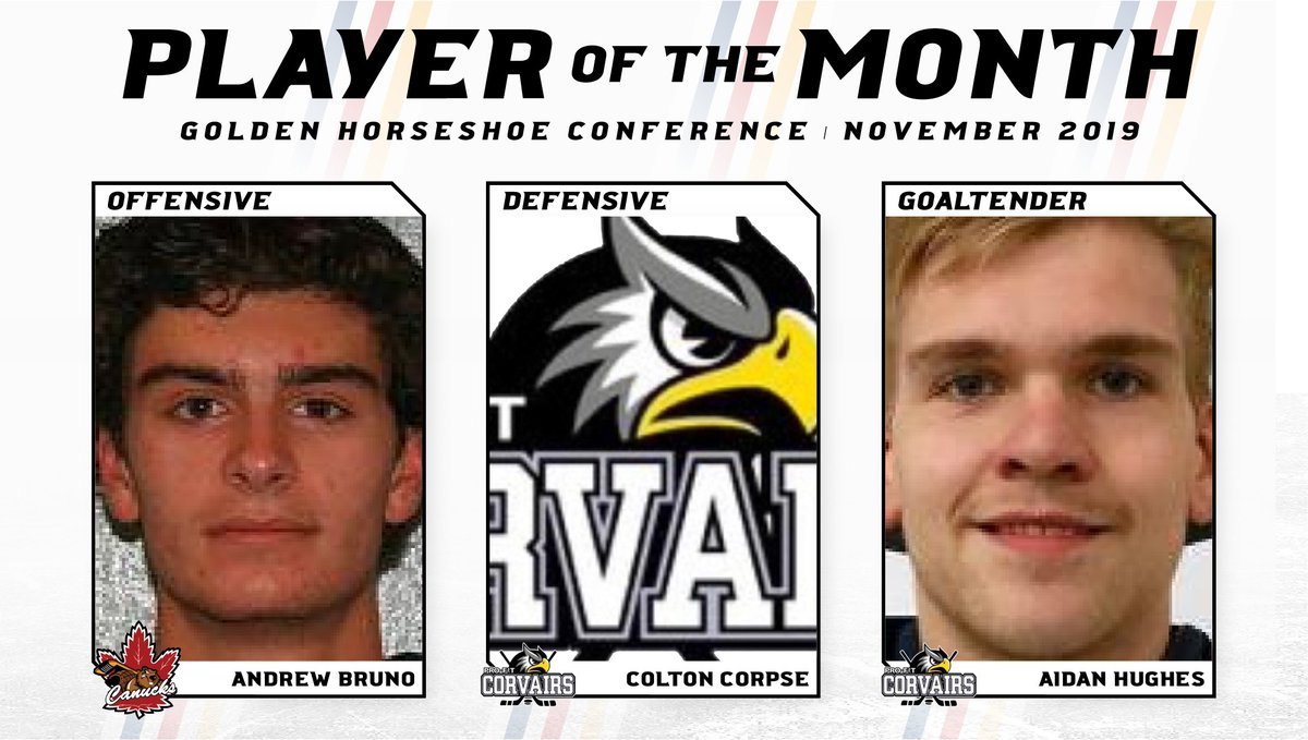 GOHLHockey's tweet photo. Your November 2019 Golden Horeshoe Conference Player of the Month award winners!
Offensive: Andrew Bruno (@NF_Canucks)
Defensive: Colton Corpse (@ProFitCorvairs)
Goal: Aidan Hughes (@ProFitCorvairs) https://t.co/zGGigYKHTG