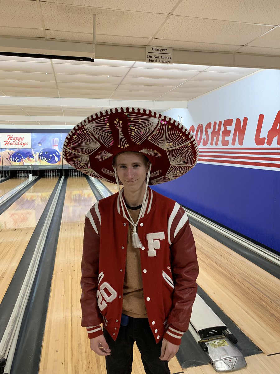 fhsbowl's tweet photo. Both teams were defeated by Mechanicburg. Lily Dellinger led the girls with a 308.  Anthony Nichols led the boys with a 414 and earned a sombrero. JD Welch and Braxton Wilhelm completed the mariachi band. Drew Lafon bowled a career high 151 and earned a turkey. https://t.co/PYgDo3ElYR