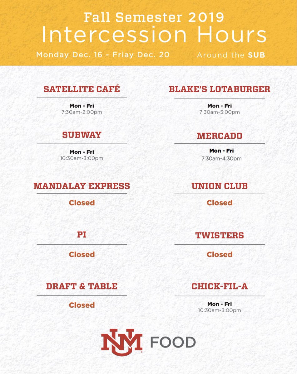 UNMfood's tweet photo. You did it!! You survived finals!! β’
β’
β’
If youβre still on campus next week, swipe π to see our Intercession hours of operation. #fallsemesterDONE #breaktime #sleeptime #seeyounextyear #eatlikealobo https://t.co/pnKutmtY6K