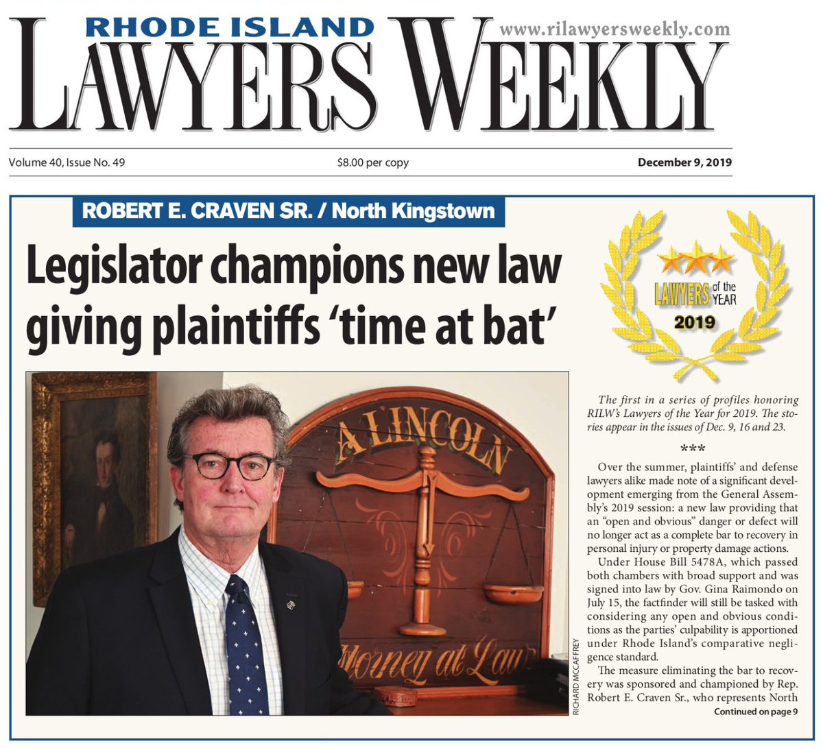 CravenLawRI's tweet photo. Rhode Island Lawyers Weekly names Robert E. Craven, Esq. Lawyer of the Year @rilawyersweekly 

https://t.co/slYcUeaqWT https://t.co/vEGu2hXC2s