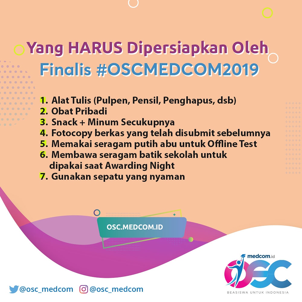 BeasiswaOSC's tweet photo. Berikut list perlengkapan dan dresscode utk para peserta Offline Test OSC 2019. Disimak yuk, sobat OSC!
Sedikit catatan:
Finalis WAJIB membawa KTP/Kartu Pelajar asli yaa, sobat OSC!
Jangan sampai ada yg terlewat yaπ
#OSCMedcom2019 https://t.co/t62BUZzMwv