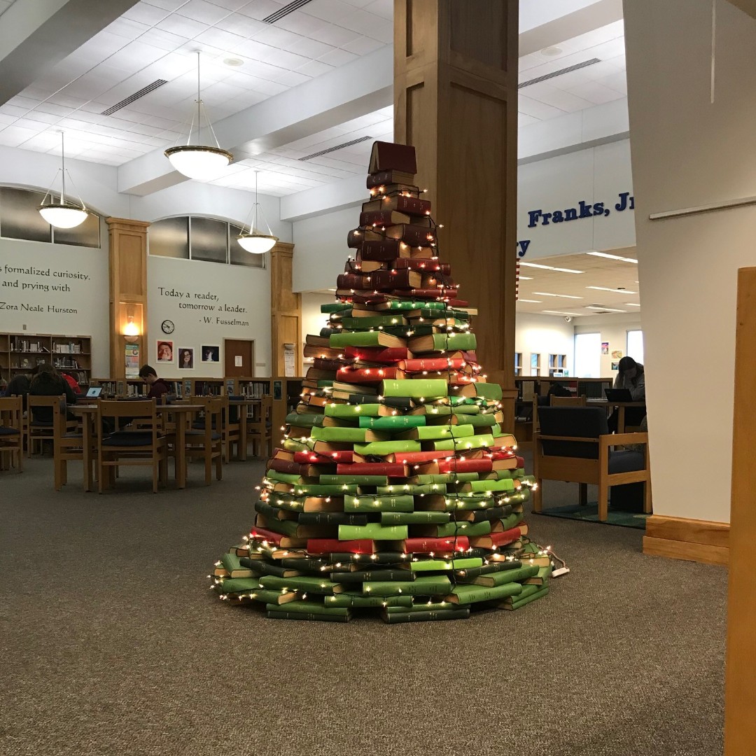 The amazing book tree at the High School Library has us all feeling festive! #WilsonSD #WilsonEmpowered