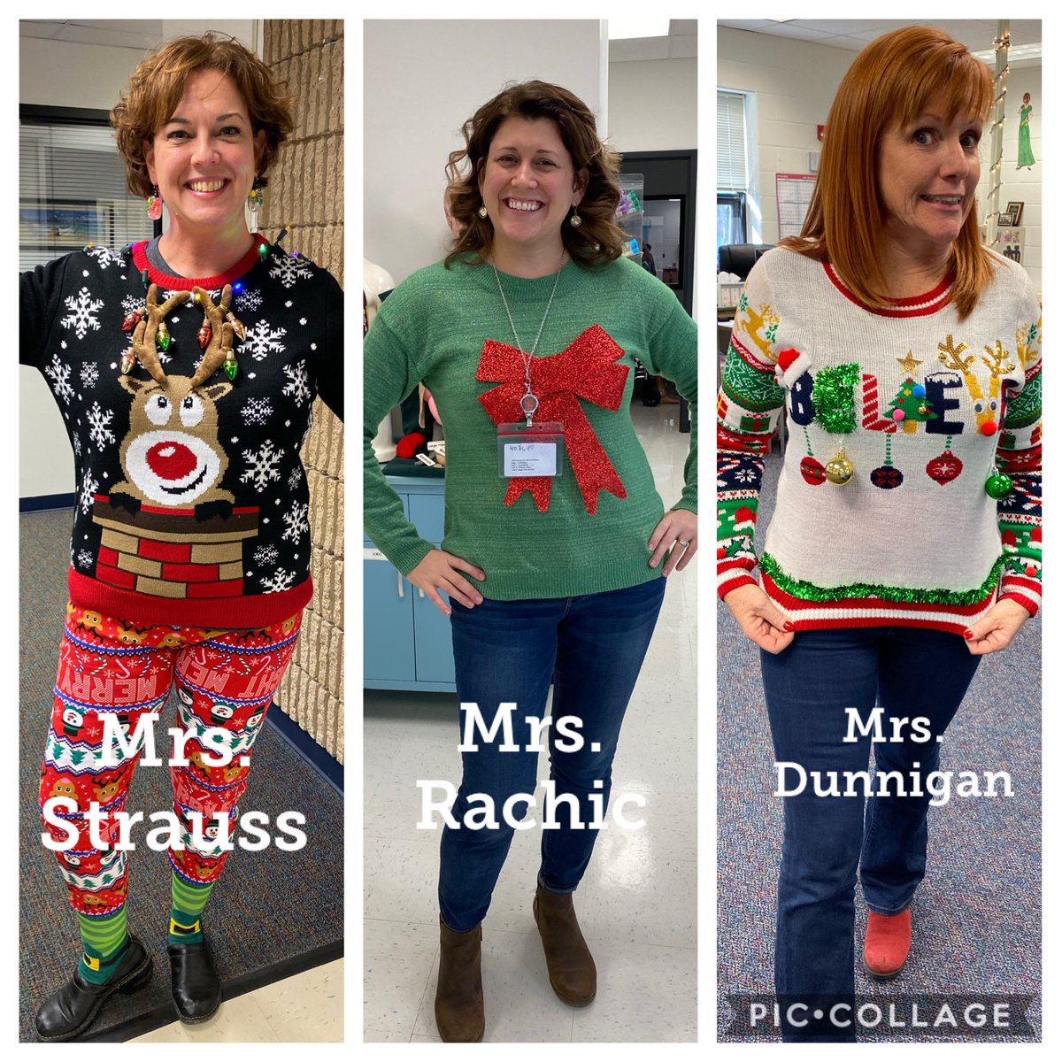 MrsCAkins's tweet photo. Ok, Twitter... help us decide... which staff member should win our @CTA_CCPS “Ugly Sweater” Contest? Vote in the comments!! 🤩🥳🤗 https://t.co/1yQsH7kMYU