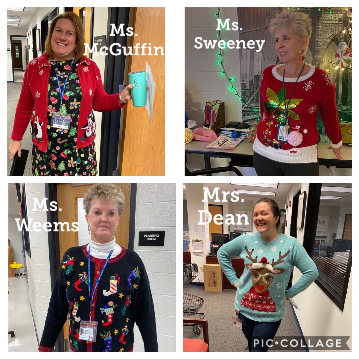 MrsCAkins's tweet photo. Ok, Twitter... help us decide... which staff member should win our @CTA_CCPS “Ugly Sweater” Contest? Vote in the comments!! 🤩🥳🤗 https://t.co/1yQsH7kMYU