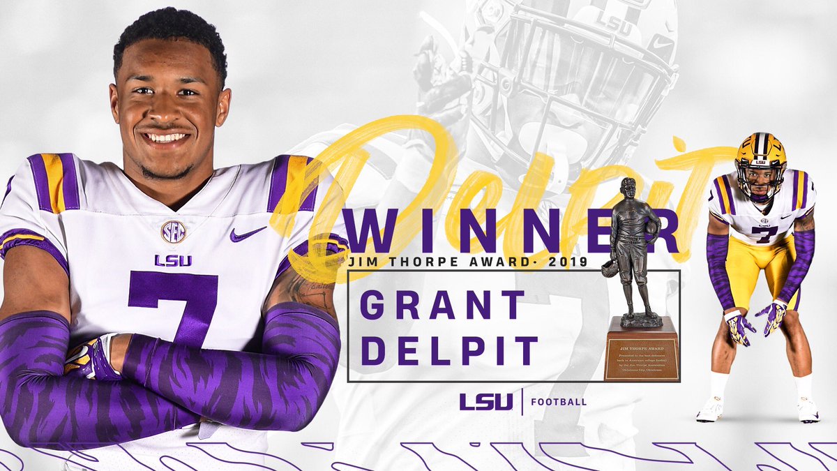 LSUfootball's tweet photo. DBU

Grant Delpit is the winner of the Jim Thorpe Award! #GeauxTigers https://t.co/GiC7qGkvmo
