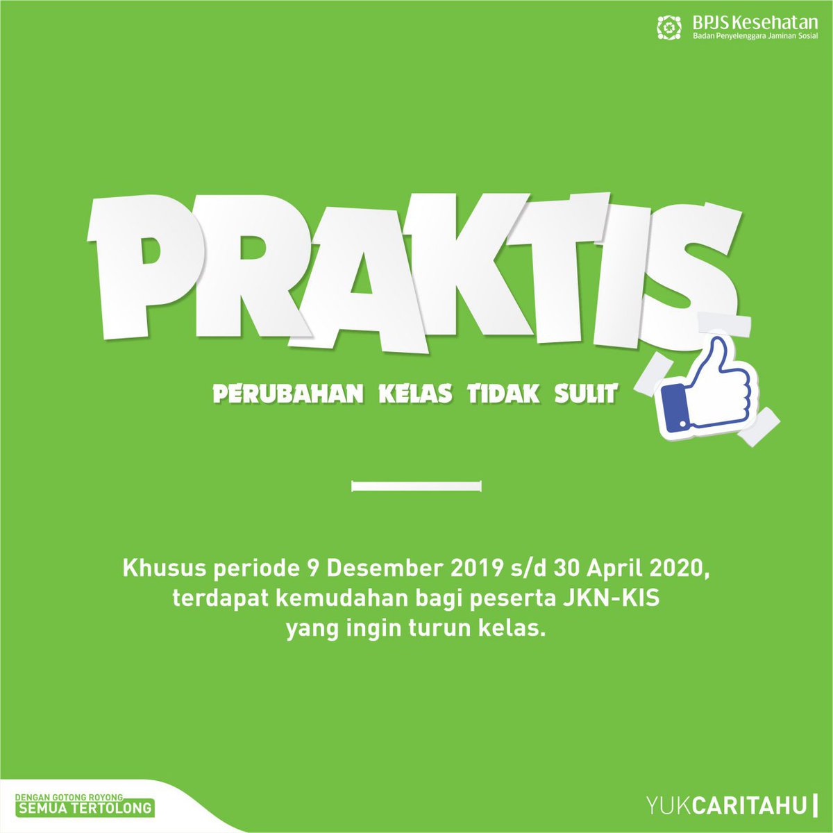 BPJSKesehatanRI's tweet photo. Sahabat, udah pada tau belum apa itu PRAKTIS?

PRAKTIS adalah PERUBAHAN KELAS TIDAK SULIT. 

Kamu harus tau nih, Sahabat. Khusus periode 9 Desember 2019 - 30 April 2020, terdapat kemudahan bagi peserta JKN-KIS yang ingin turun kelas.

#BPJSPraktis
#BPJSKesehatanRI https://t.co/zBVRwTBmFo