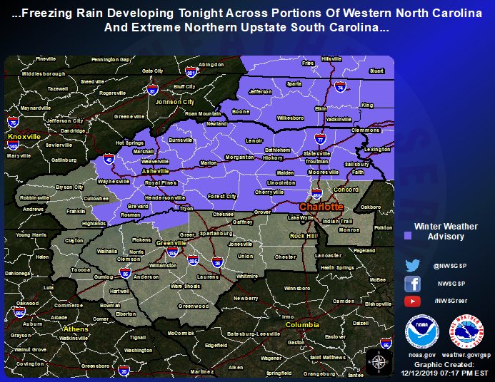 ❄️Winter Weather ADVISORY❄️ has been issued by <a href="/NWSGSP/">NWS GSP</a> for northern Greenville County (generally areas along and north of Highway 11) until 12PM Friday. This includes Tigerville, Gowensville, and Cleveland. Ice accumulations will range from a trace to .10”. #PrepareGVL #scwx