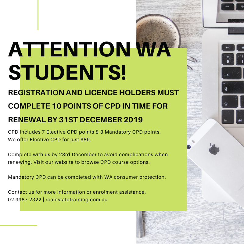 Tick tock, WA! Don't miss out on completing your CPD in time ⌛

Licence and registration holders in WA are required to complete CPD each calendar year. Contact us for more information or enrolment assistance.

02 9987 2322 | cpd@realestatetraining.com.au