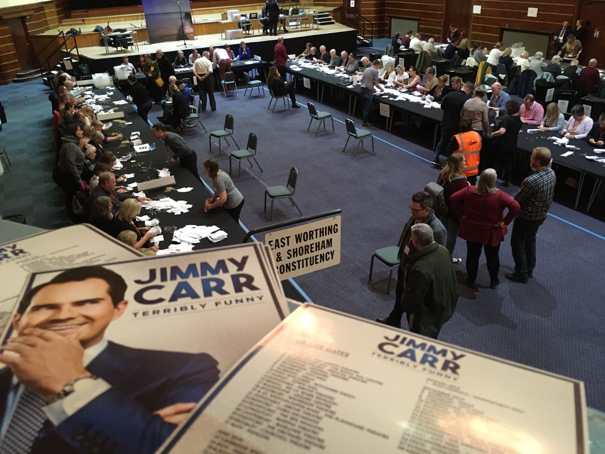 ⁦⁦<a href="/jimmycarr/">Jimmy Carr</a>⁩ fans will hope for no #GE2019 recounts at #Worthing . He’s due to perform in the Assembly Hall on Friday night. The election team need to be out by 10am for the venue to be set up. Jimmy Carr our democracy? It’s no joke! ⁦<a href="/BBCSouthNews/">BBC Hampshire & Isle of Wight</a>⁩