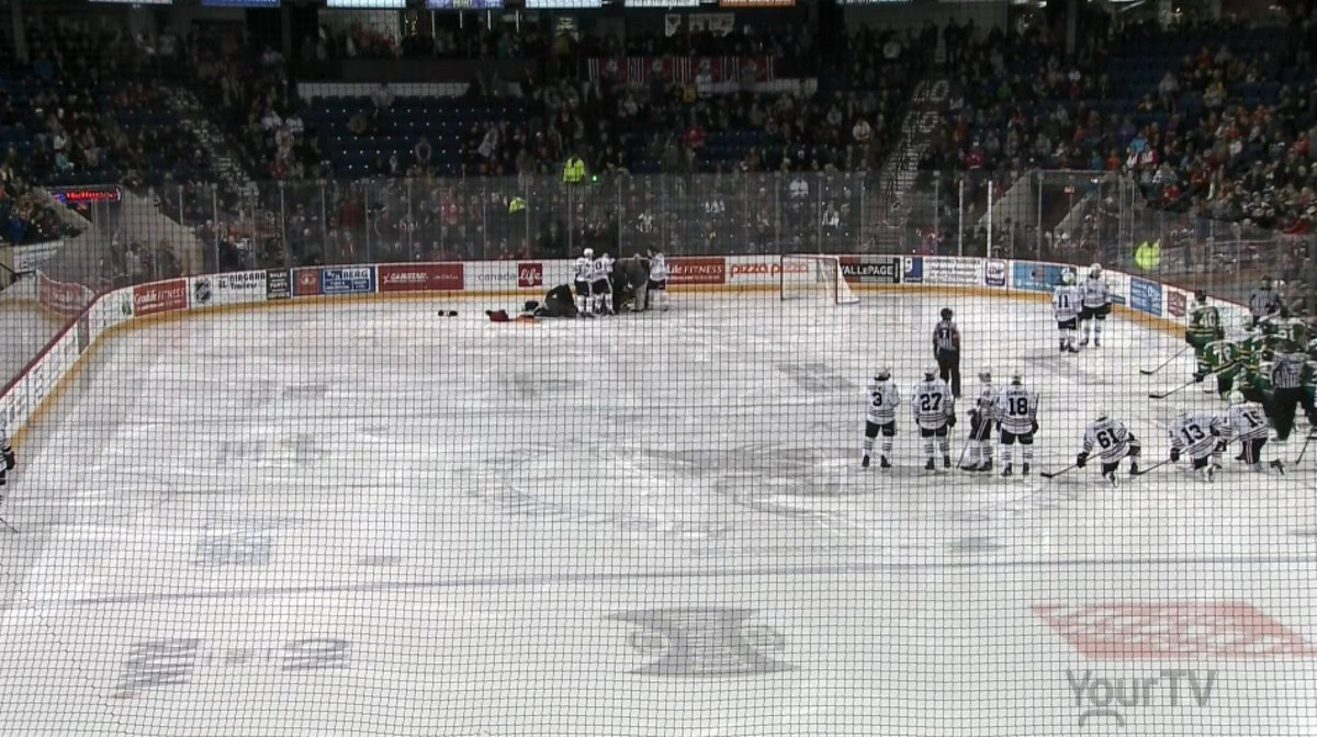 AdamZHerman's tweet photo. Scary situation in the OHL right now. Skate-first collision in the Niagara crease. Niagara goalie Tucker Tynan had all his equipment removed and was rushed off the ice. Looked like there was a pool of blood. The TV reporter sounded frantic and was urging people to donate blood. https://t.co/I0jJE4b6xW