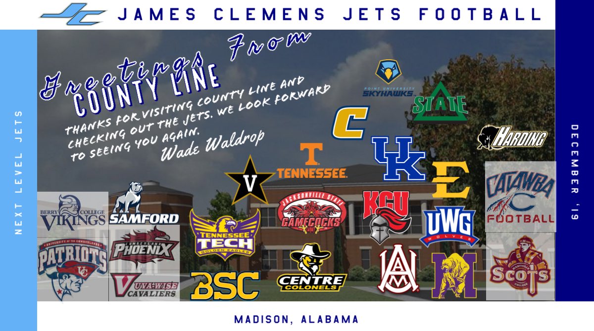 JCFB_Recruiting's tweet photo. Appreciate all these schools stoping by and contacting us about our Jets reaching the next level! #GoJets #BuiltonCountyline #GreattobeaJet https://t.co/fDkHUWbEqv