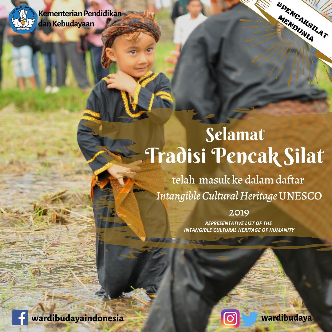 Selamat pagi Sahabat Budaya! Kabar bahagia datang dari Tradisi Pencak Silat yang telah masuk ke dalam daftar Intangible Cultural Heritage UNESCO pada sidang Komite Warisan Dunia TakBenda UNESCO ke-14 di Bogota, Kolombia (12/12/19). Mari dukung upaya pelestarian budaya Indonesia🇮🇩