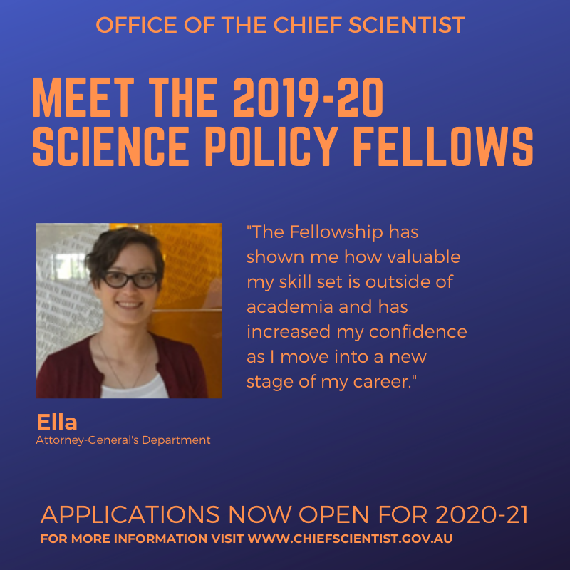ScienceChiefAu's tweet photo. Want to know more about the Science Policy Fellowship from an actual Science Policy Fellow? Over the next few days we’ll be introducing you to the 2019-20 Fellows. First up: Ella. Check out her story 👉 https://t.co/0yTLws0bbS and then apply here 😊 https://t.co/egEBthewgP https://t.co/HRLO7OL3vN