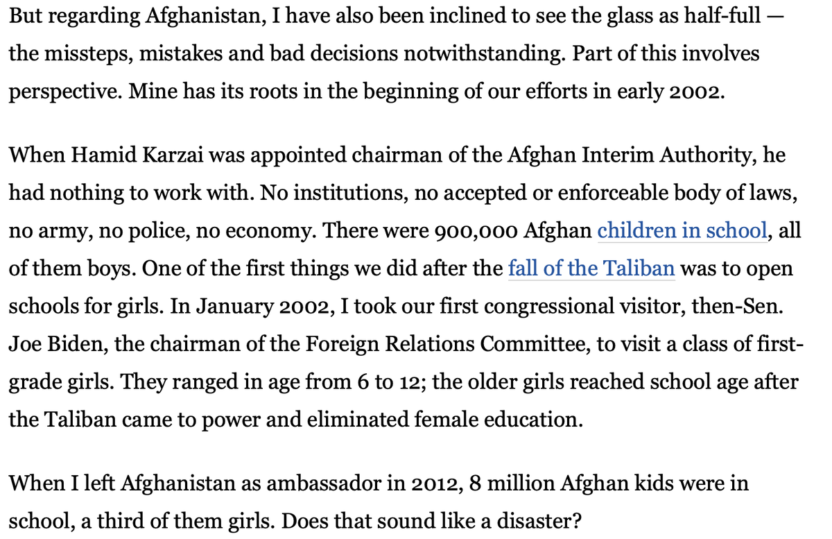 Ryan Crocker responds to the Afghanistan documents. Says more girls are in school, so it's not all bad. Not only does this have nothing to do with the original justification for the war, it confirms that this is about ideology. 150/n  https://www.washingtonpost.com/opinions/i-served-in-afghanistan-no-its-not-another-vietnam/2019/12/12/72b958f0-1d1d-11ea-b4c1-fd0d91b60d9e_story.html