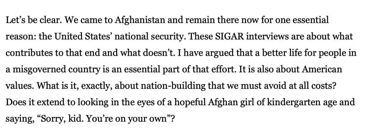 Later in the article, Ambassador Crocker says "Let's be clear," the US is fighting for national security. Then why did he justify it a few paragraphs earlier by talking about how many girls are in school? Then ends the paragraph by again talking about female education. 152/n