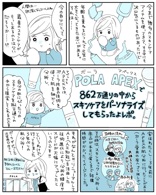 862万通りの組み合わせから、自分にぴったりのスキンケアを提案してくれるPOLA APEXの肌分析に行ってきました!3年ぶりのAPEX、技術がかなり進化していてすごかったです…使用してみての感想レポ漫画もお楽しみに〜!#APEX肌分析 #pr 