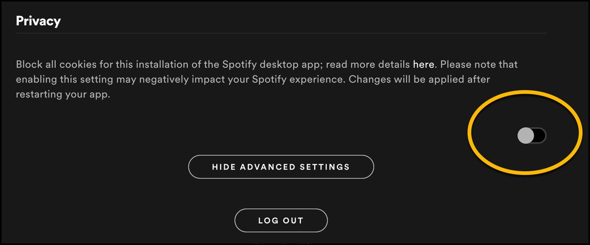 That 'privacy' default enables cookie tracking via a greyed out slider button. I wonder how many people might think as it's greyed out it's not on and so no tracking taking place?  #SpotifyPrivacy