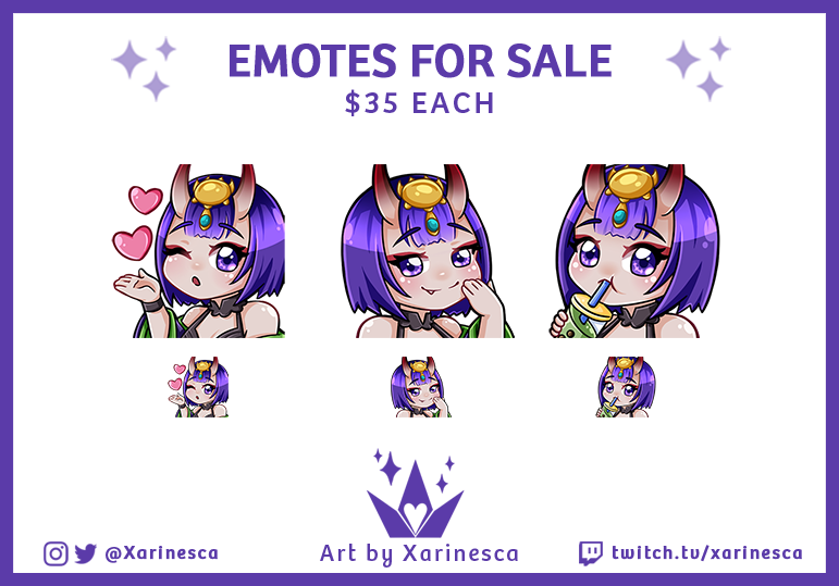 Xarinesca's tweet photo. FGO Shuten Twitch/Discord Emotes for Sale!!
Each design only sold once, you can DM me!! Paypal ONLY
Accepting emote commissions too!!
#fgo #shuten #emotes #emotesforsale #twitchartist https://t.co/Z57LUXWsyT